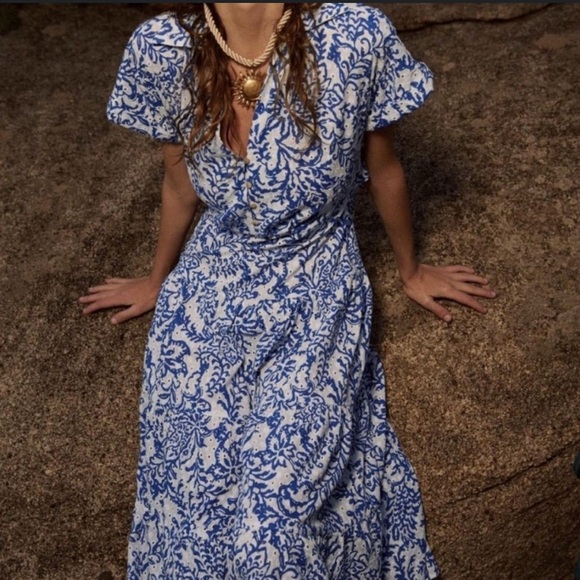 Zara Blue and White Floral Midi Dress XS - Picture 1 of 11